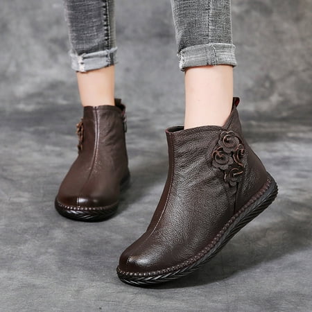 

TALKVE Fashion Autumn Winter Women Ankle Boots Flat Soft Bottom Non Slip Comfort Side Zipper Flowers