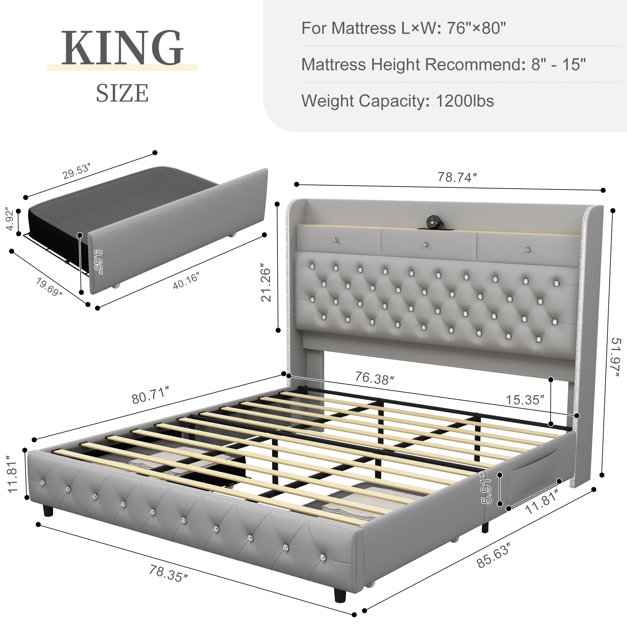 SIBEDS King LED Bed Frame with Galaxy Projector, Charging Station, 52" Headboard & 2 Drawers, Grey