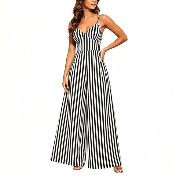 Snorda Jumpsuits for Women Striped Spaghetti Strap Jumpsuit with V-Neck Casual Loose Breathable Comfy High Waist Wide Leg Long Pants for Women Daily Wear Outing Looks
