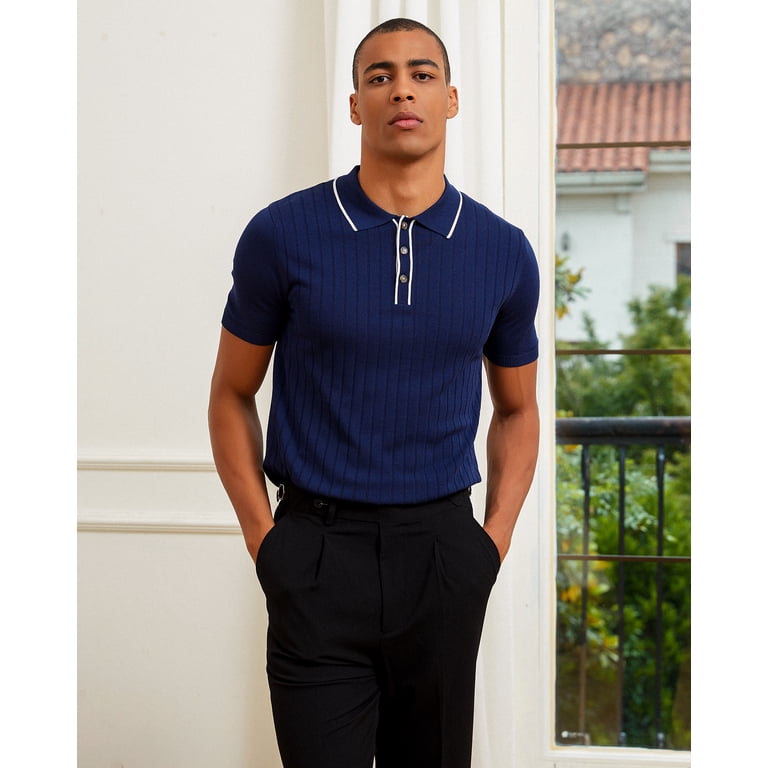 Kallspin Men's Vintage Knitted Polo Shirt Short Sleeve Solid
