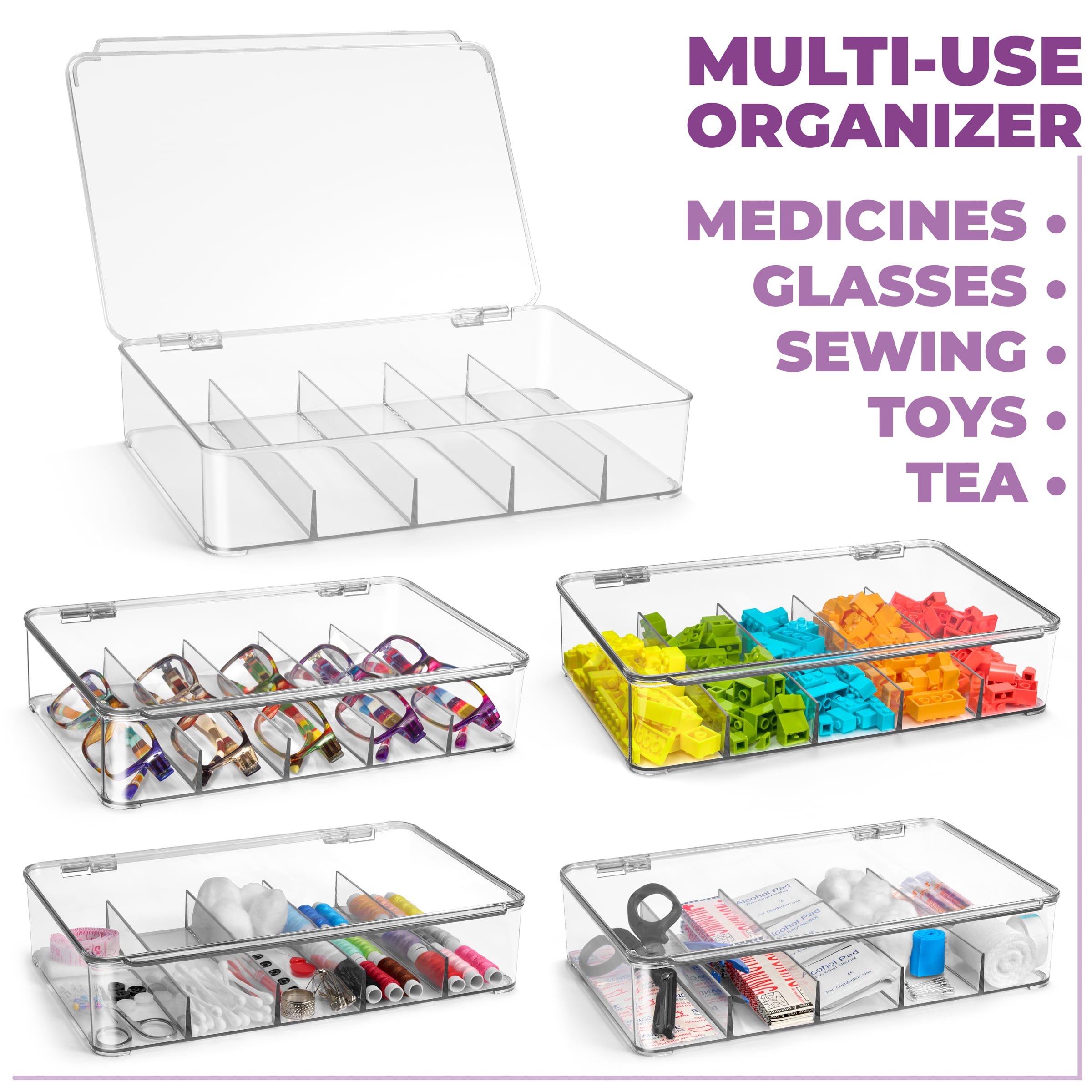 Sorbus Storage Case – Stackable Plastic Organizer with 5 Compartments – Storage Bin with Hinged Lid for Building Blocks, Toys, Crafts, Jewelry, Sunglasses, Glasses and More (2 pack)