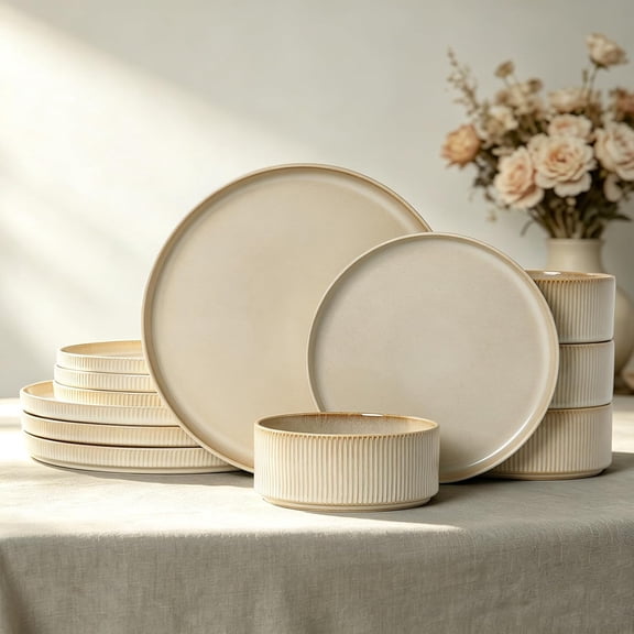 12-Piece Stoneware Dinnerware Set for 4 People Ribbed Plates and Bowls Beige Microwave and Dishwasher Safe