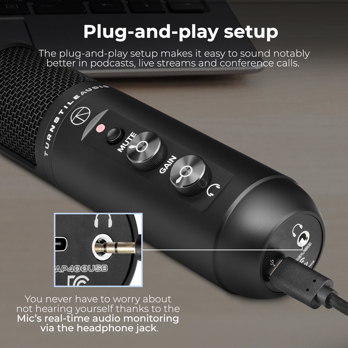 Turnstile Audio Platform Series TAP400 Cardioid USB Condenser Microphone, Professional Grade, PC, Mac, Gain Control, Zero Latency, Gaming, Streaming, Podcasts, Twitch, YouTube, Discord