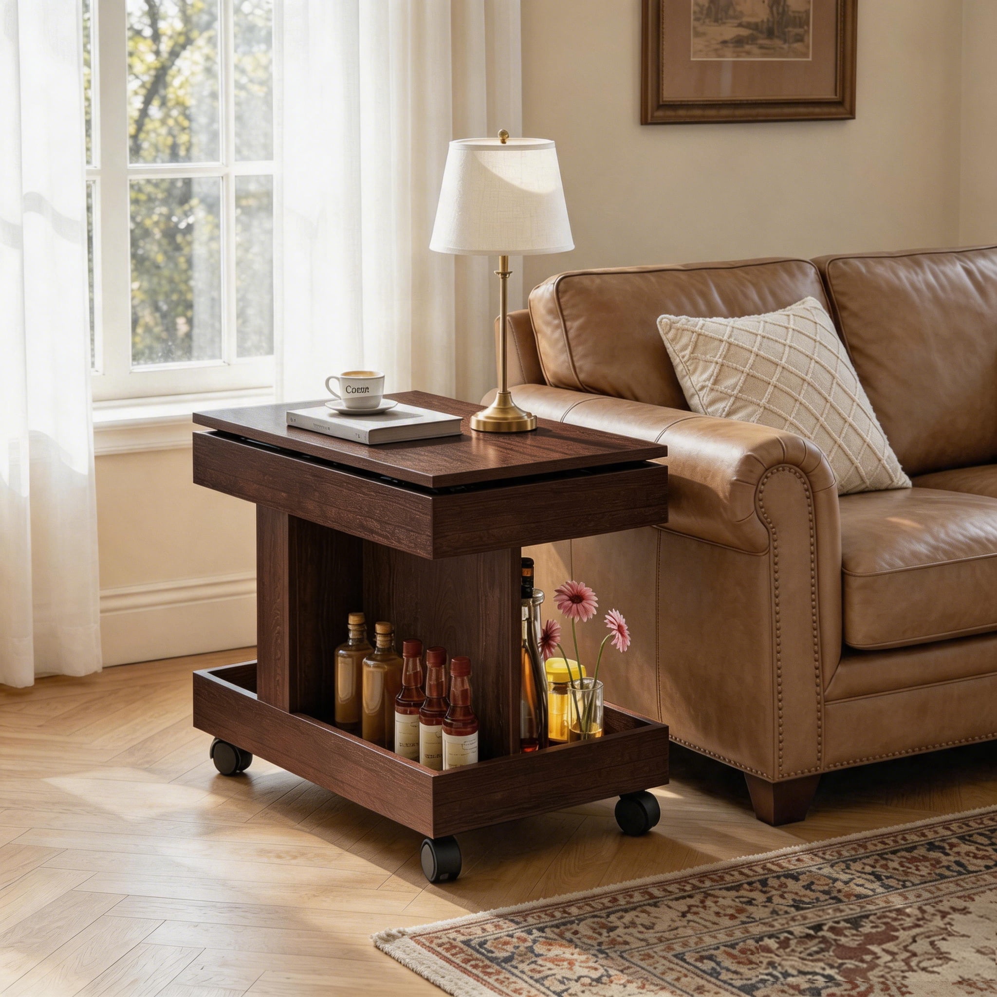 Small Coffee Table with Wheels, 360° Rotating Desktop Multi-Functional Side Table, Rolling End Table with Storage Compartment, Mobile Bedside Table for Living Room Bedroom Home Furniture, Walnut