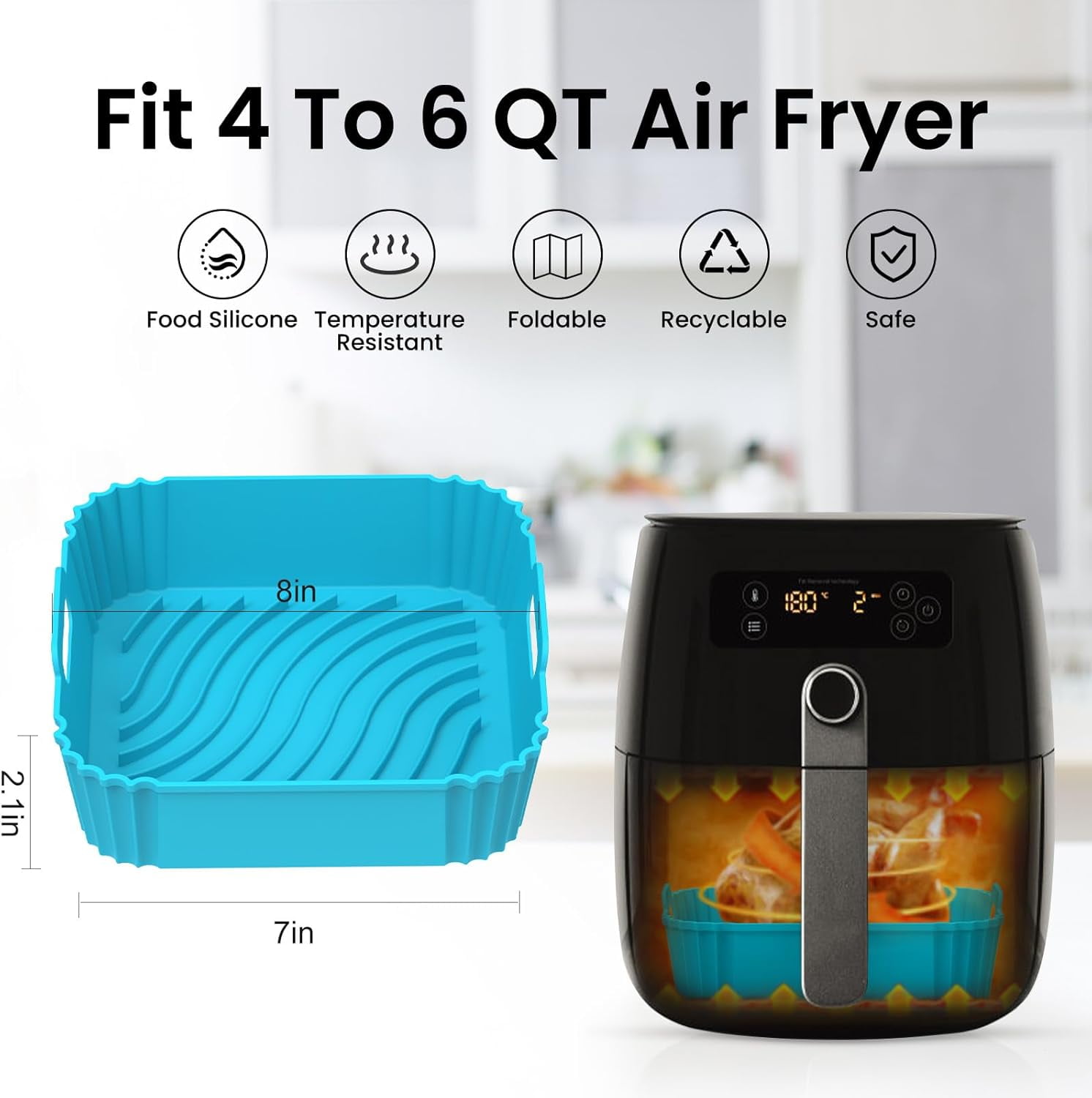 Air Fryer Silicone Liners, Square Airfryer Liners, Silicone Air Fryer Liners Reusable for 4-6 QT, Air Fryer Accessories Replacement for Parchment, Airfryer Liners Silicone