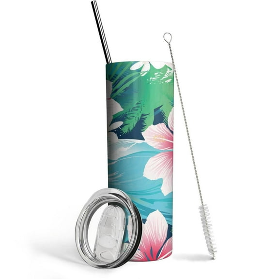 Aloha Hawaiian Hibiscus Flowers Stainless Steel Slim Insulated Water Bottles Tumbler with Lid and Straw, Leak Proof Water Bottles for Kids Girls Boys Men Women