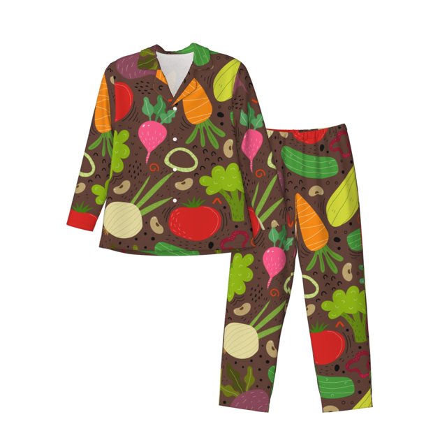 Balery Cartoon Vegetables Pijama para Hombre de Dos Piezas con Manga Larga, Conjunto de Dormir y Descanso Suave con Bolsillos-X-Large