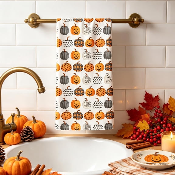 Fall Pumpkin Kitchen Towels, 27.56"x15.75",Ultra Absorbent Autumn Dish & Hand Towels, Halloween Thanksgiving Harvest Seasonal Home Farmhouse Decorations(A)