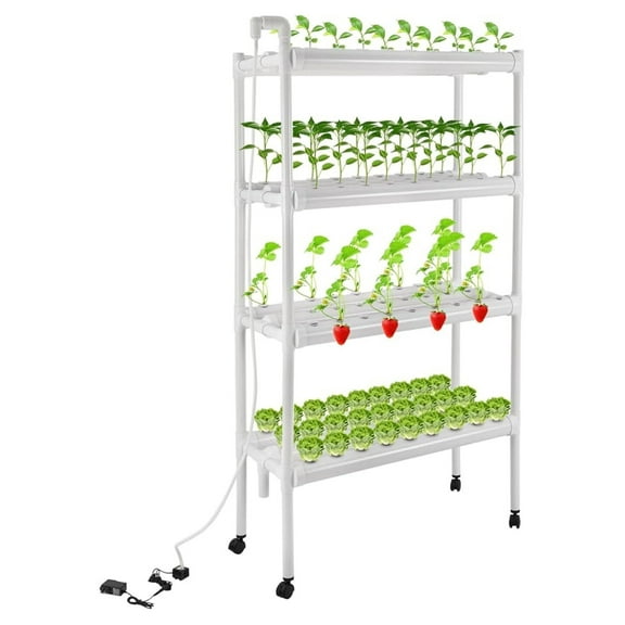 Growing System with Water Pump and Timing, 4 Layers Hydroponic Vegetable Growing Kit 108 Sites Food-Grade PVC-U Pipes for Fruits, Vegetables,