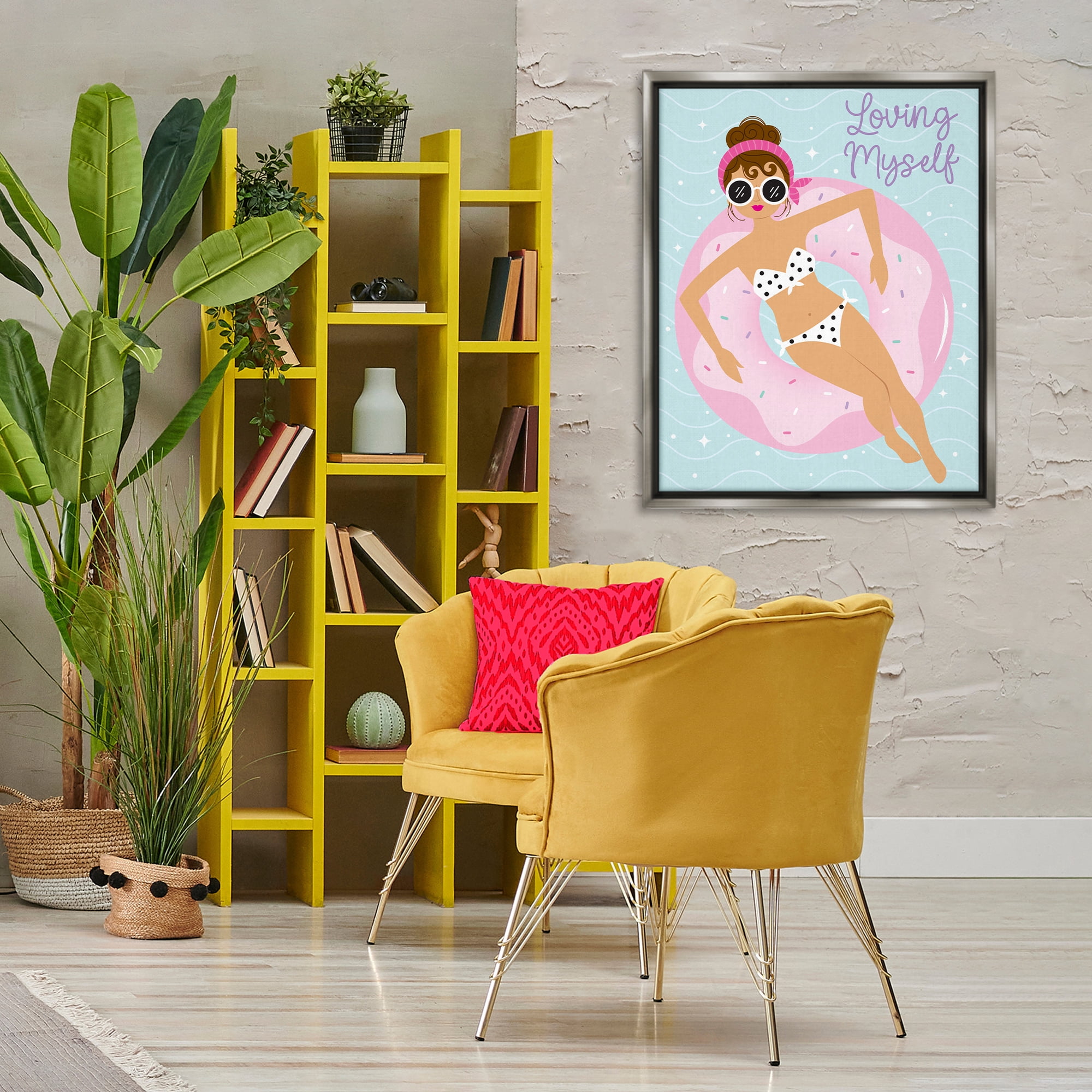 Stupell Industries Loving Myself Girl in Pool People Painting Gray Floater Framed Canvas Art Print Wall Art, 25 x 31
