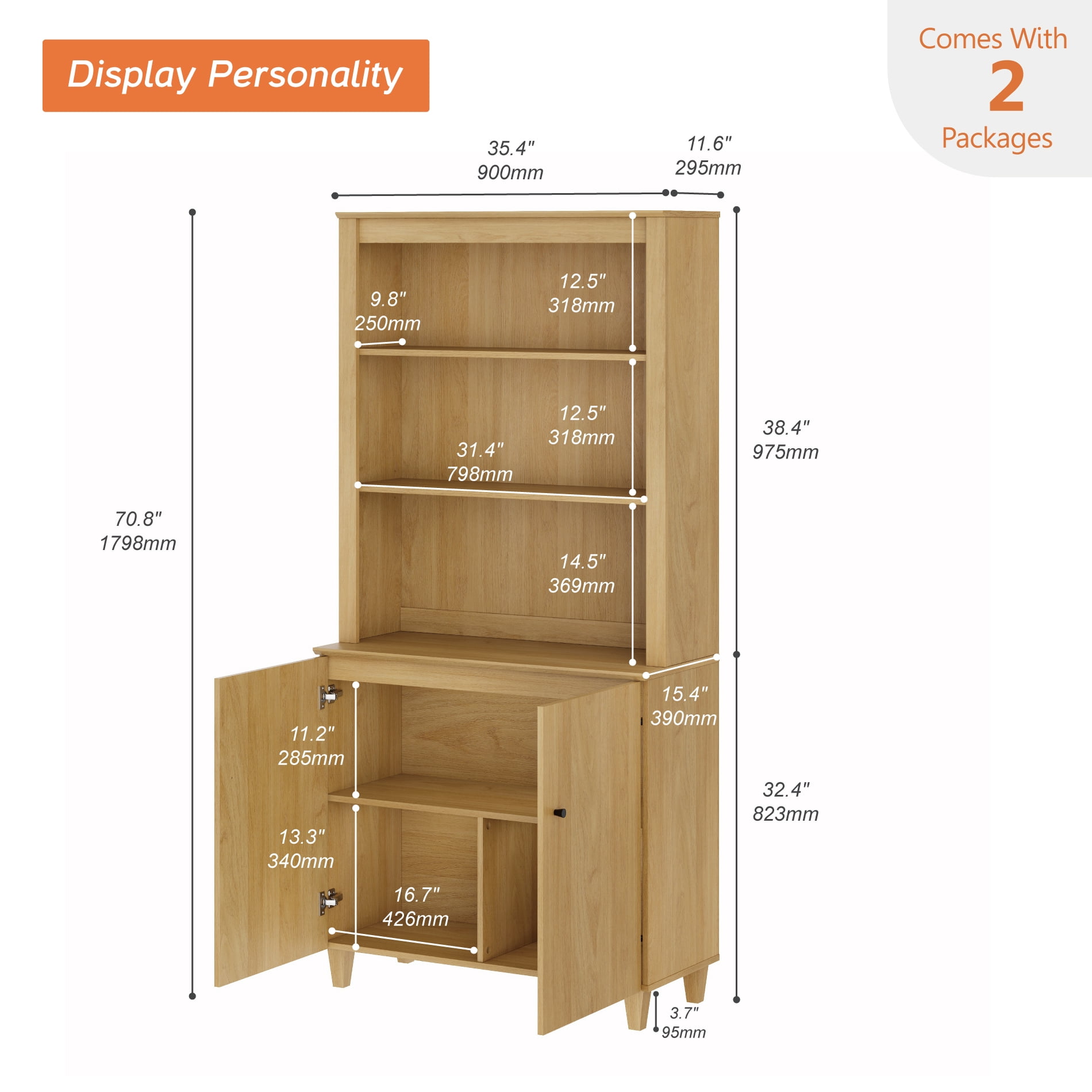 Modern 71" Tall Bookcase with Doors & Storage Cabinet for Home Office,Oak Wood