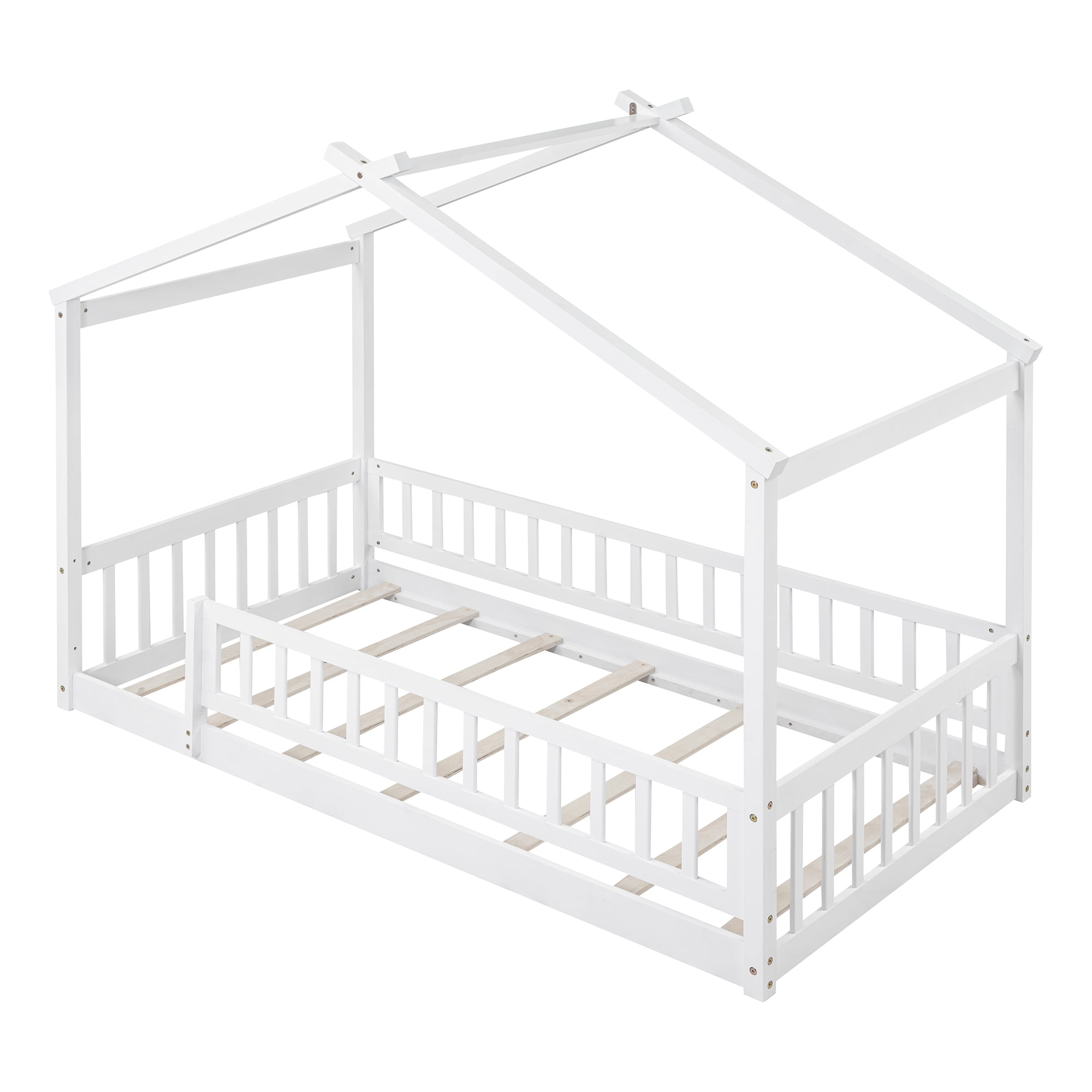 Twin Size Floor Bed with Fence Railings,Wooden Montessori House Bed Frame with Roof Design and Fence Guardrails,Playhouse Bed Low Bed Frame for Girls Boys Bedroom,Easy Assemble,White