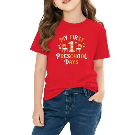 WRKEKC Girls T-Shirts Short Sleeve Round Neck Print Soft Cotton Tops with Preschool Beginnings Pattern for Kids Daily Wear 3-10 Years