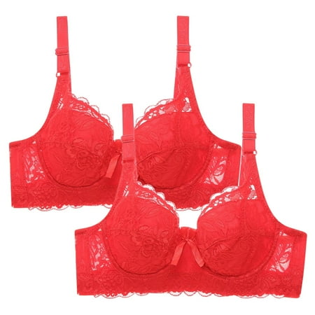WREESH 2 Pack Lace Bralettes for Women Wireless Plunge Bra Push Up Soft Padded Bras Adjustable Strap Comfortable Everyday Bra Red