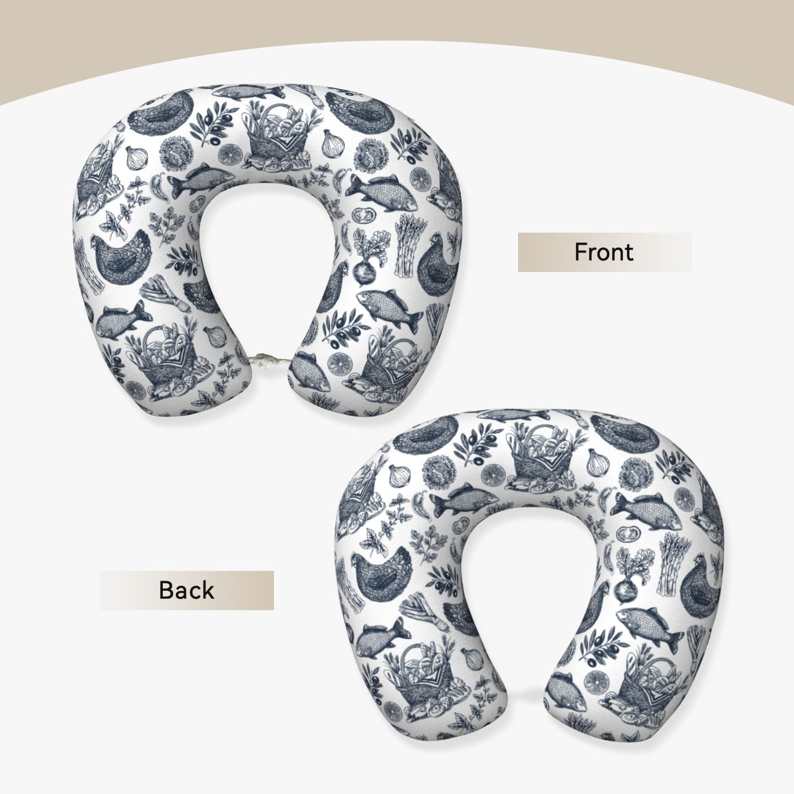 Xecao Chicken And Fish Print Memory Foam Cervical Neck Pillow Versatile U-Shaped Pillows for Home,Office,Camping,Travelling,Soft Washable Cover