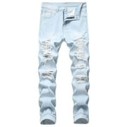 DDAPJ pyju Vintage Ripped Frayed Jeans for Men Personality Patch Slim Fit Jeans Distressed Destroyed Slim Fit Jeans Lightweight Stretchy Soft Jeans
