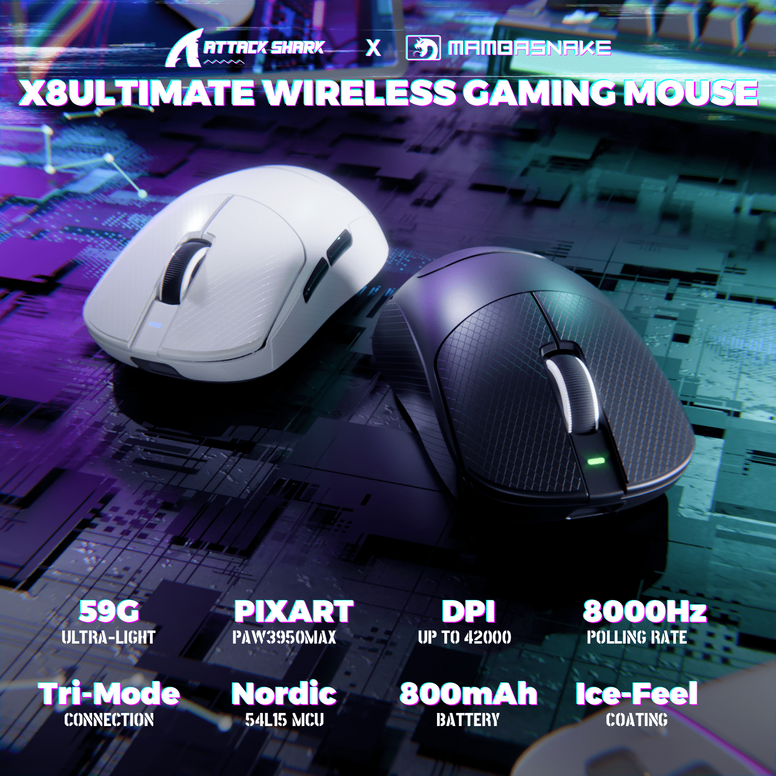 ATTACK SHARK X8 Ultimate Wireless Gaming Mouse,55g Ultra-Lightweight BT/2.4GHz Wirelss/Wired Mouse,8K Polling Rate,PixArt PAW3950MAX Sensor,42000 DPI,800mAh Battery,Gamer Mice for PC/Win/Mac