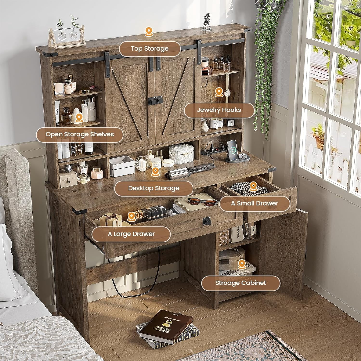 AOGLLATI Farmhouse Brown Vanity Table Set with Lights, Mirror, Charging Station and Jewelry Hooks