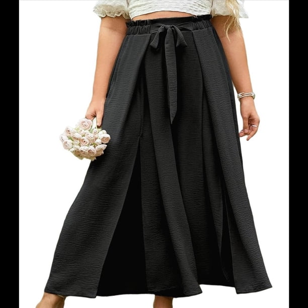 Pantalones Casuales de Pierna con Abertura para Mujer, Pantalones de Playa Holgados Estilo Palazzo de Cintura Alta, Pantalones de Verano Estilo Bohemio con Bolsillos. Negro S