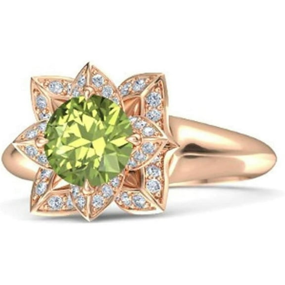 Elegant Lotus Flower Round Cut Green Peridot Birthstone Wedding Engagement Ring For Women In 925 Sterling Silver 14K Rose Gold Plating
