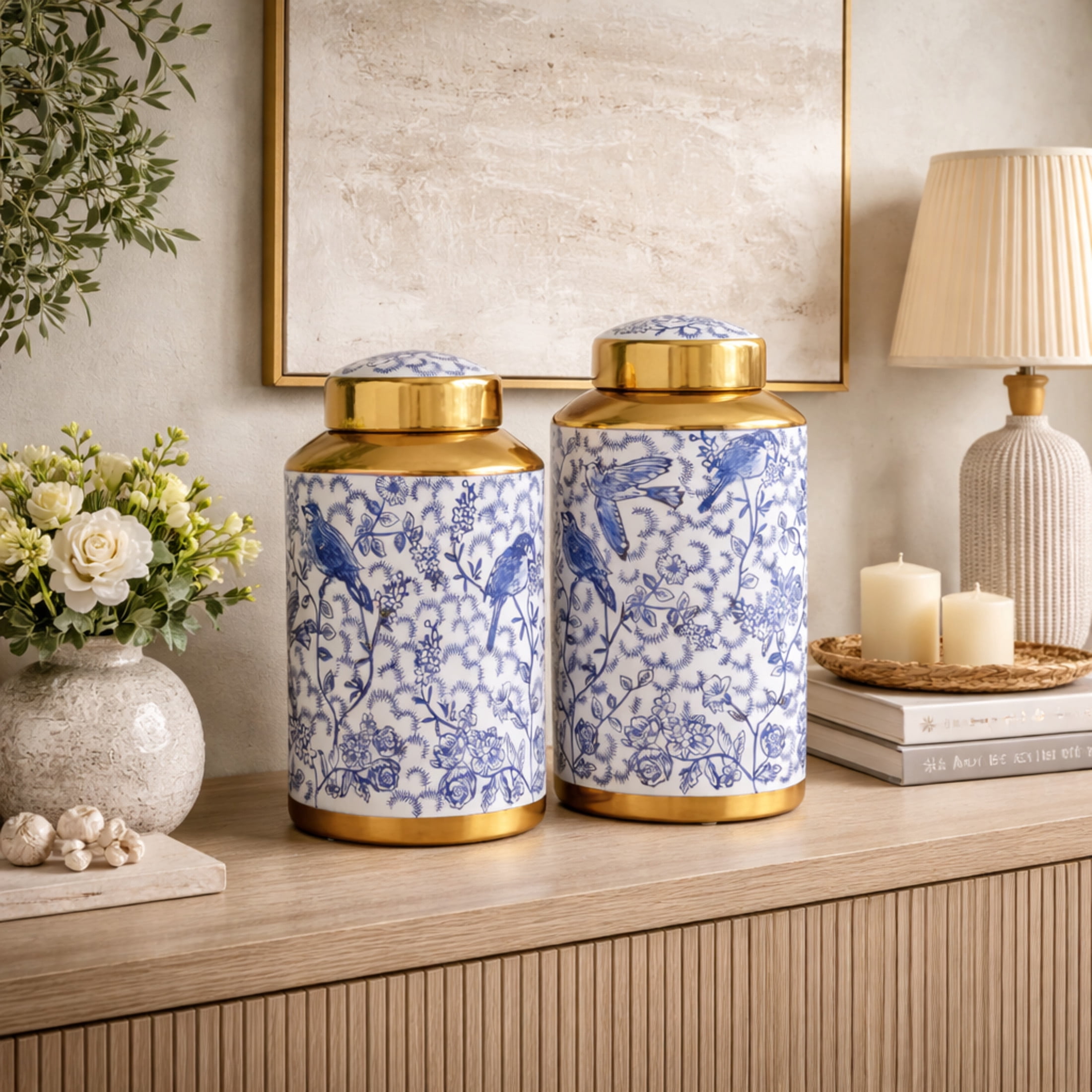 DecMode 14", 12"H Blue Ceramic Floral Decorative Jars with Gold Accents, 2-Pieces