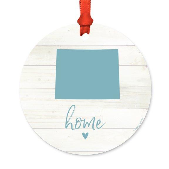 US State Round Metal Christmas Ornament, Rustic Light Wood Print, Wyoming Home, Includes Ribbon and Gift Bag