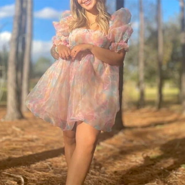 Vestido de manga corta con cremallera Estilo lindo Vestido de organza para mujer Tie Dye Ropa de fiesta Hugtrwg Para estrenar