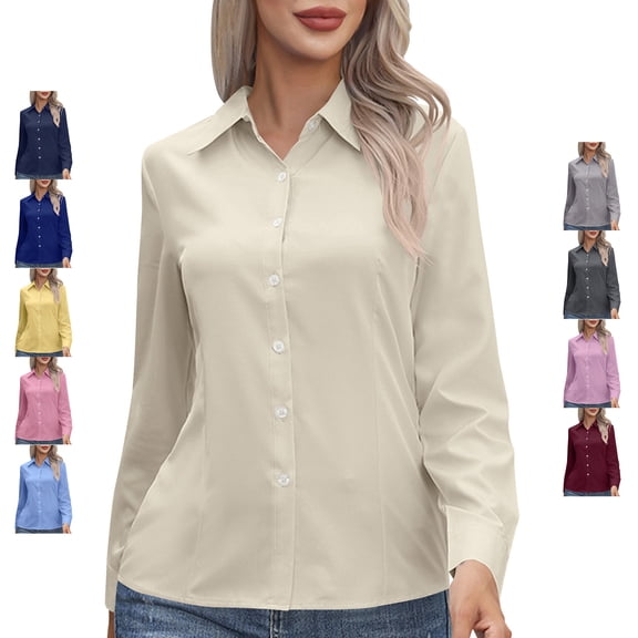 TGSLY Women's Collared Button Down Tops Slim Fit V Neck Long Sleeve Dress Shirts Lightweight Soft Solid Color Tunic Blouses S