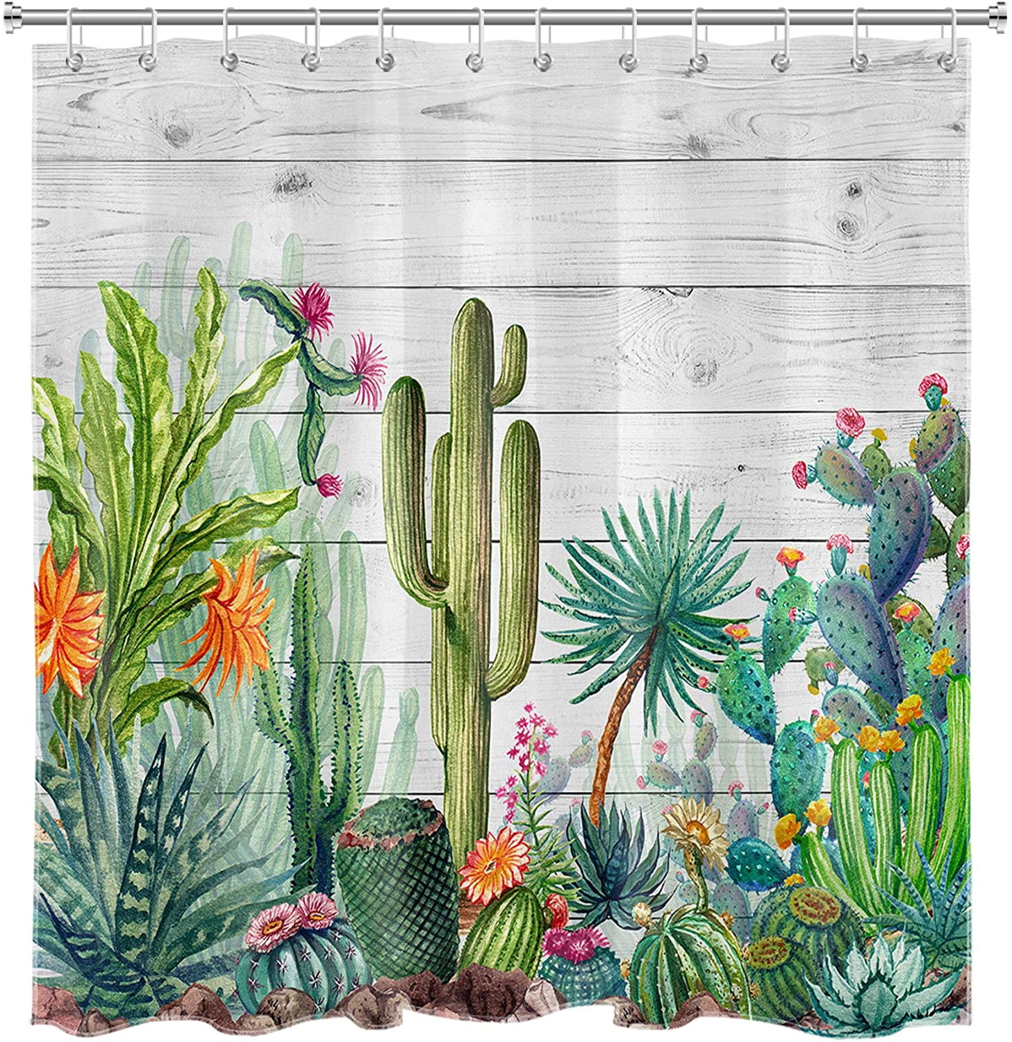 Tropical Cactus Shower Curtain Set Polyester Fabric & Hooks Bathroom Accessories 