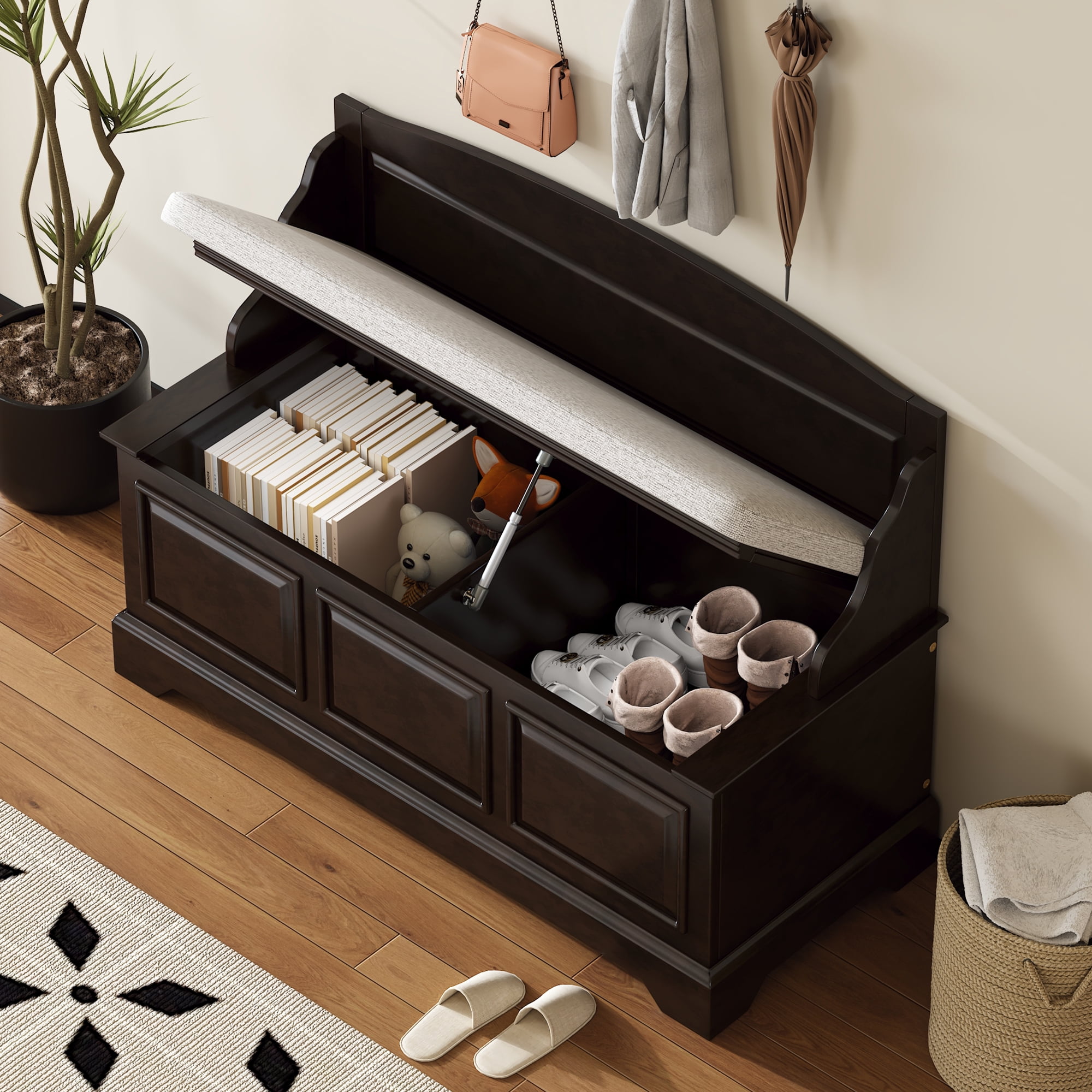 Euroco Vintage Wooden Shoe Storage Bench with Cushion, Carved Panel Design, Lift-Top Compartment, Entryway Seating