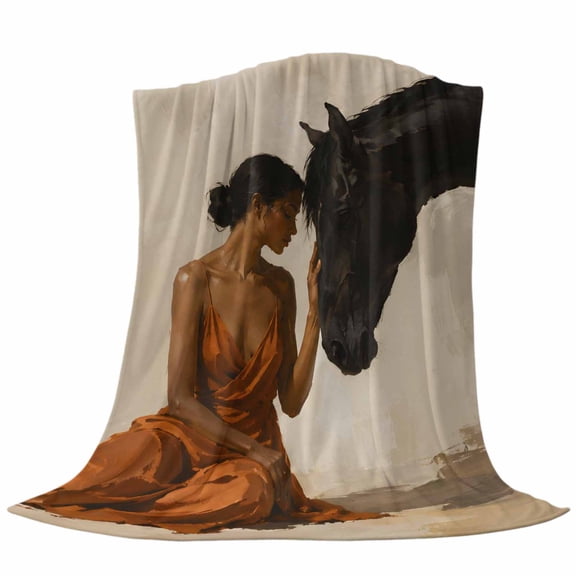Sitting Woman Throw Flannel Blanket Farmhouse Vintage Black Horse Landscape Super Soft Cozy Bed Blanket, Lightweight Plush Fuzzy Bed Throw for Bedroom Sofa Couch Living Room 60x80in