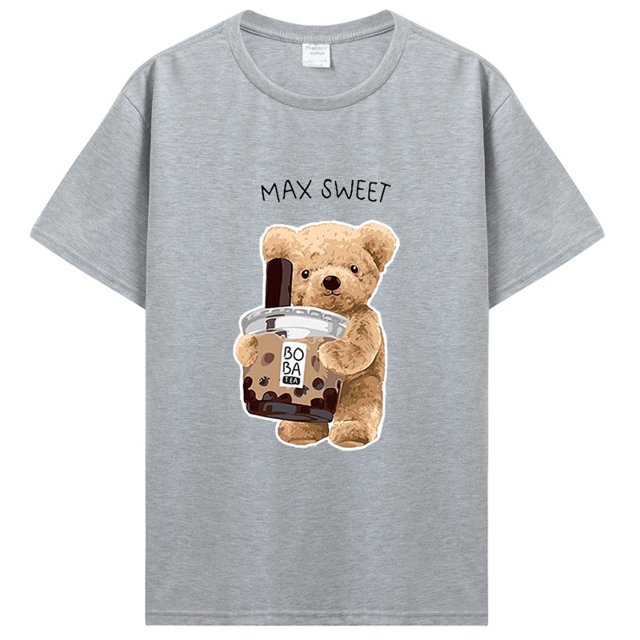Camiseta de oso de té lechoso para mujer camiseta negra de manga corta para hombre camiseta estampada para estudiante camiseta Kawaii cómoda de verano Camiseta de algodón