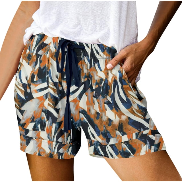 Plus Size Shorts, Women's Elastic Waist Drawstring Casual Shorts with Pockets, Lightweight Polyester Print Shorts for Lounge, Beach, and Everyday Wear