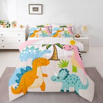 Homewish Kawaii Dino 3-Piece Full Size Comforter Sets For Boys Girls,Cartoon Animal Dinosaur Bedding Comforter Set,Jungle Wildlife Lightweight Bedding Sets,Luxury Bedroom Decor,Reversible