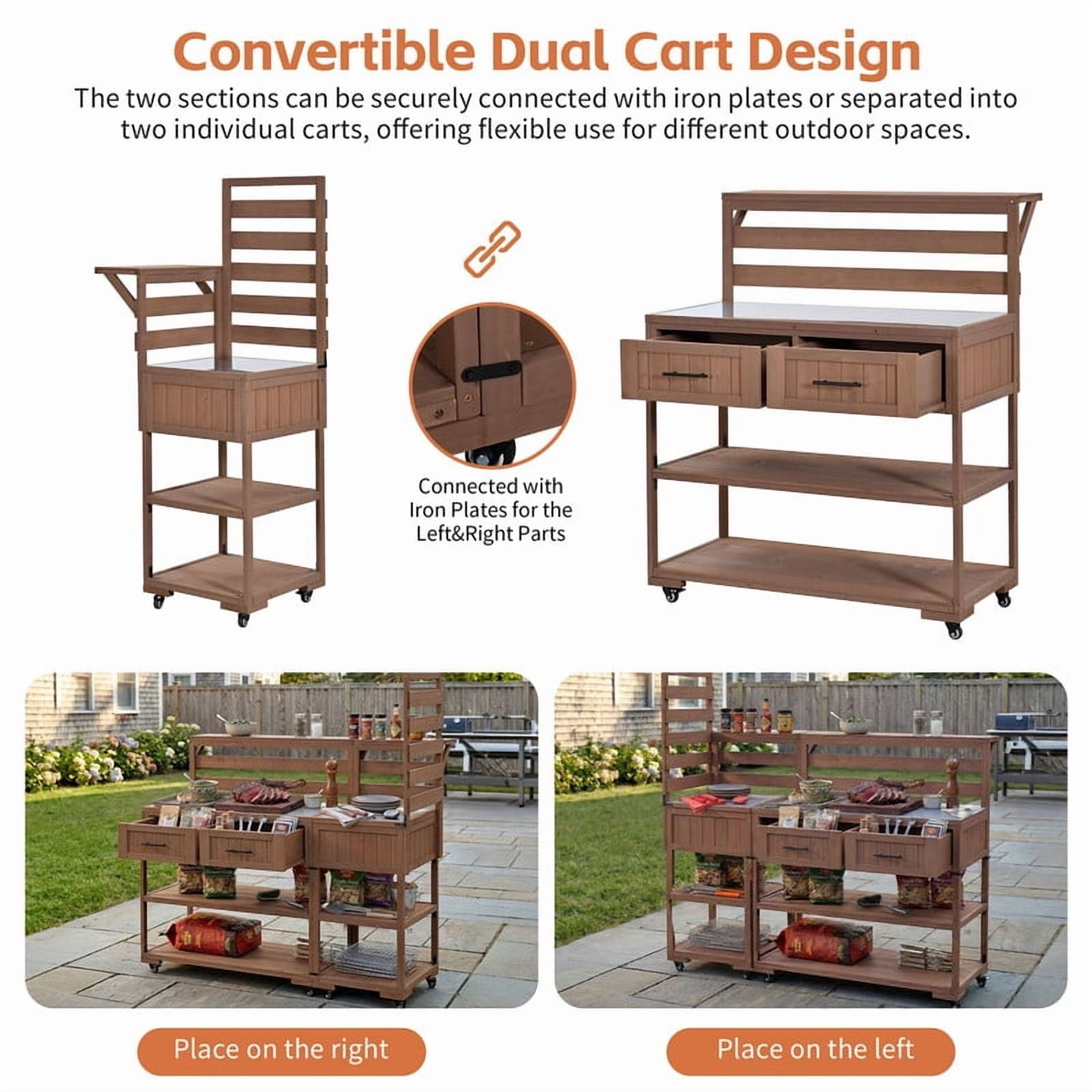 62.3''W Outdoor Kitchen Island Set of 2 with Stainless Table Top, Garden Potting Bench with Shelf and Drawers, BBQ Prep Grill Table