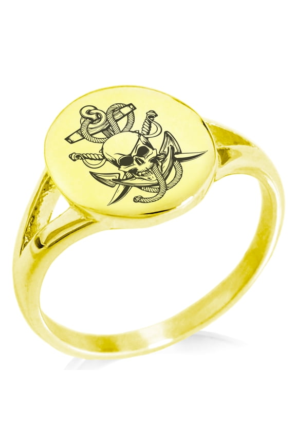 Stainless Steel Pirate Skull Anchor & Sabers Minimalist Oval Top Polished Statement Signet Ring