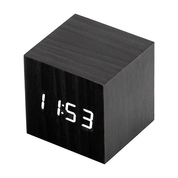 SUYOLL Wooden Digital Alarm Clock Black Wood With Red Light Led Display Silent Non Ticking Battery Powered Small Cube Clock For Bedroom Desk Nightstand Home Office