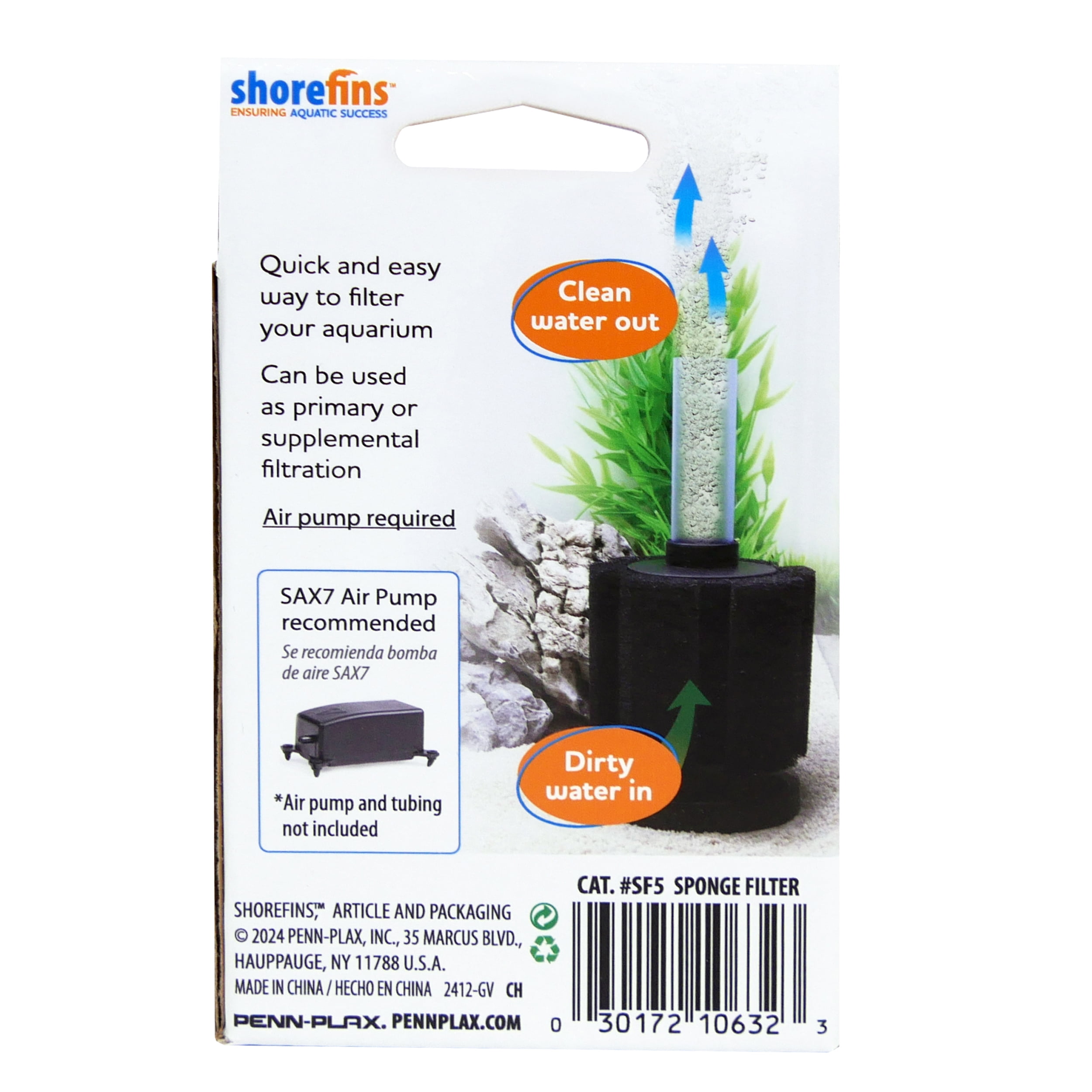 Shorefins Air Driven Sponge Filter for Aquariums up to 20 Gallons - Keep Your Fish Tank Clean and Oxygenated