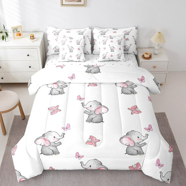 Erosebridal Literie Éléphant Kawaii Taille Simple, Ensembles de Literie Papillon Rose Taille Simple, Enfants Filles Garçons, Réversible 7 Pcs