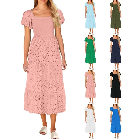 WRKEKC Women's Square Neck Eyelet Dress with Puff Sleeves Tiered Ruffle Maxi Summer Dress