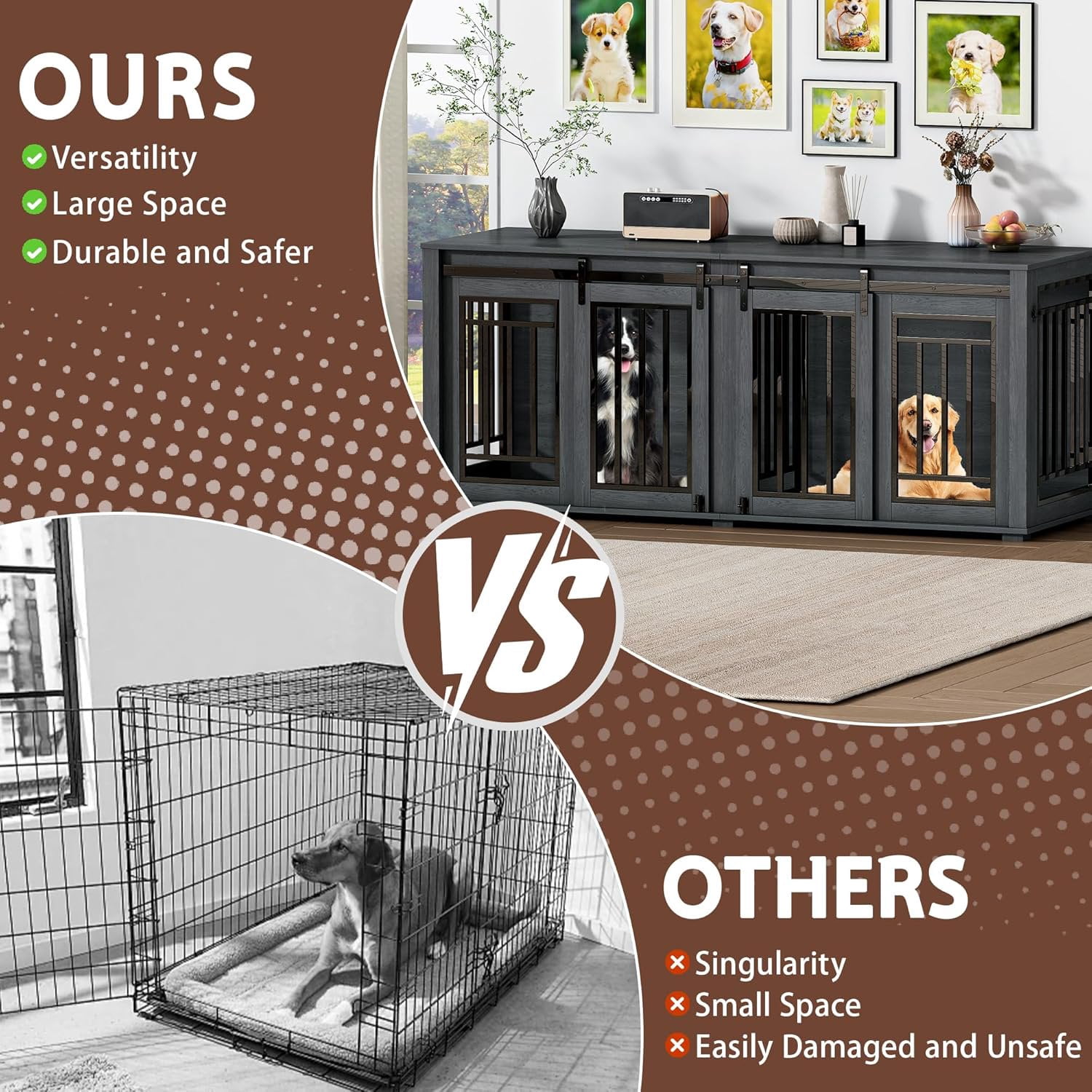 NEORIVER Large Dog Crate Furniture for 2 Dogs, 71" Sliding Door Heavy Duty Dog Kennel Furniture with Divider, Steel Frame Indoor Double Dog Crate for Large Medium Small Dogs, Dark Black