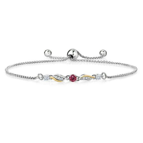 925 Sterling Silver and 10k Yellow Gold Pink Tourmaline White Moissanite and White Lab Grown Diamond Tennis Bracelet for Women (0.32 Cttw, Gemstone October Birthstone, Fully Adjustable up to 9 inch)