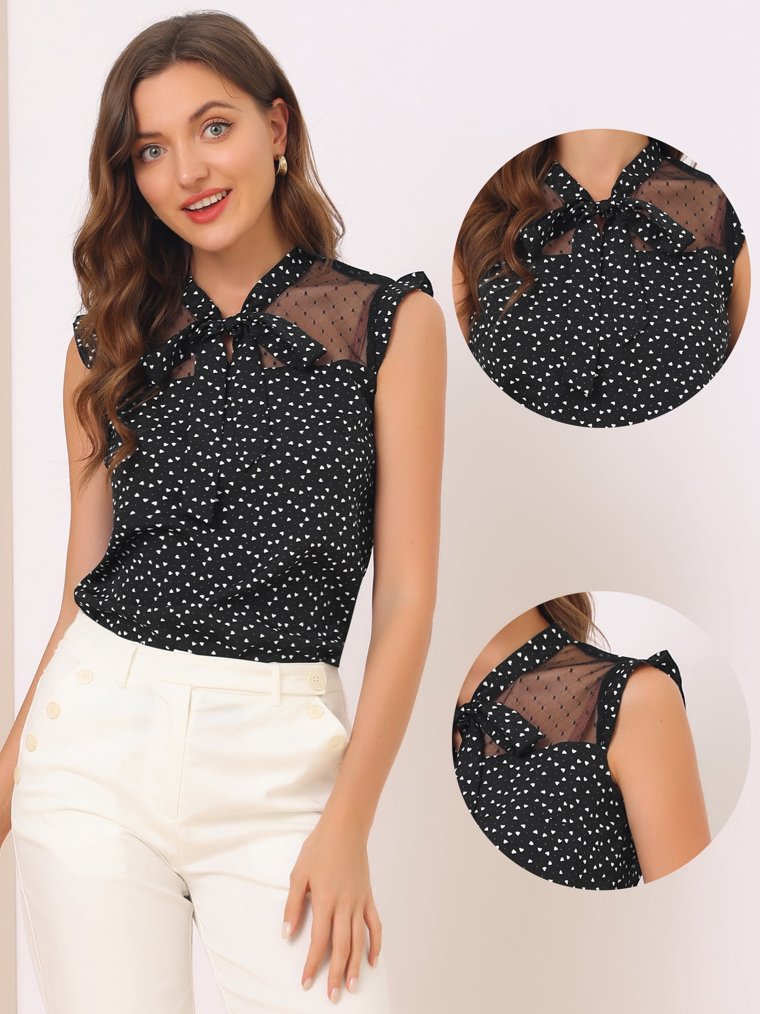 DARING DIVA Women's Tie Neck Sleeveless Mesh Panel Retro Heart Shirt Blouse XS Black