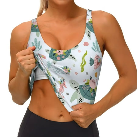 Qokaie Turtle and Sea Life Pattern Womens Scoop Neck Sports Bra Breathable Workout Vest Padded U Back Medium Impact Fitness Gym Yoga Bra Workout Crop Top
