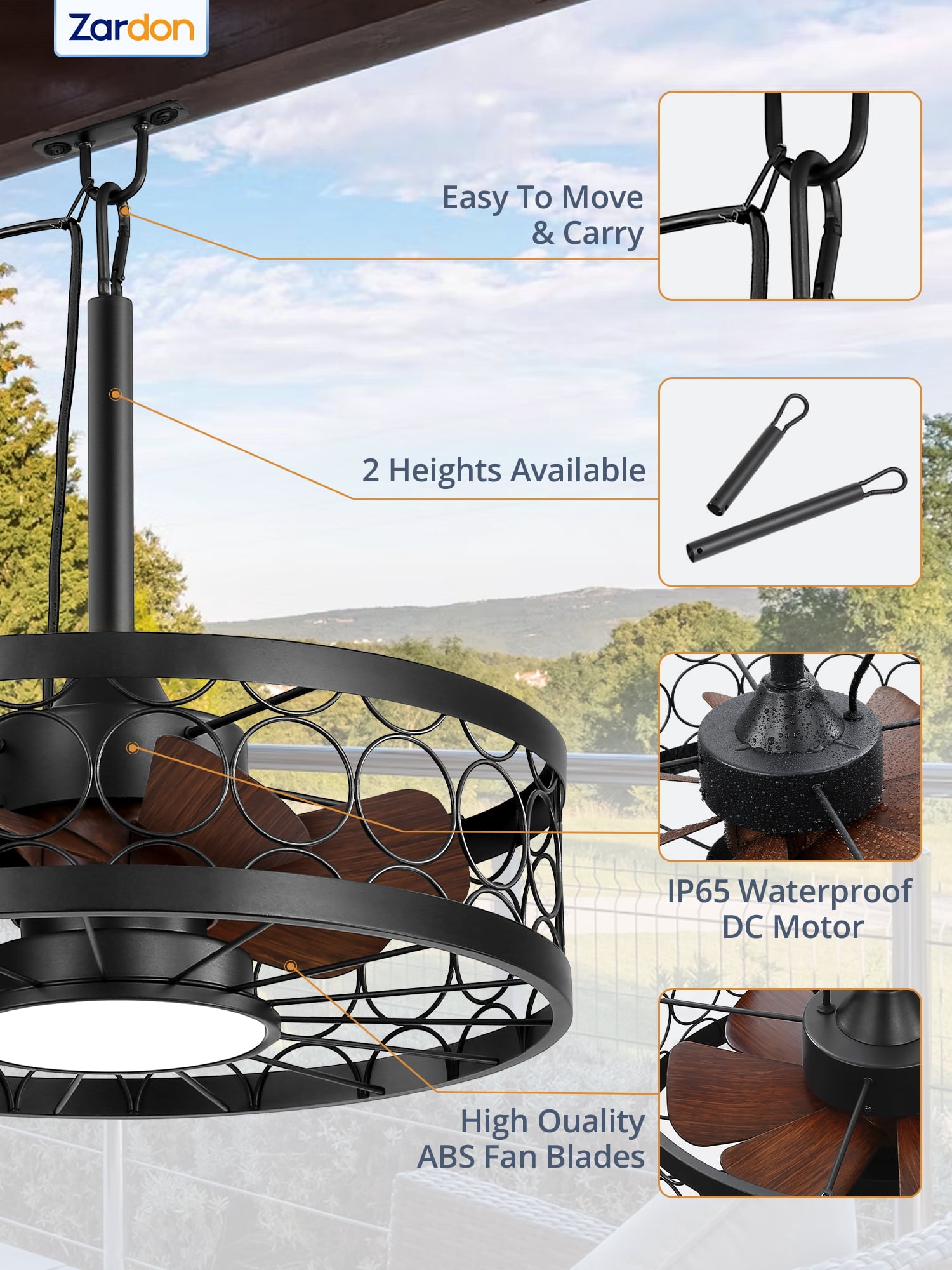 Zardon 20in Outdoor Ceiling Fans with Light and Remote Control, Caged Canopy Fan with Plug in Cord for Porch, Patio, Gazebo, Waterproof, Black