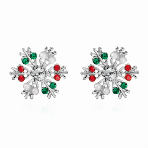 AEXTO parkling Snowflake Earrings with Red & Green Gemstones - -Tone Christmas Dainty Studs, Year-Round Elegant for Parties, Weddings, New Year's Eve - No Plating Holiday Snowflake Earrings