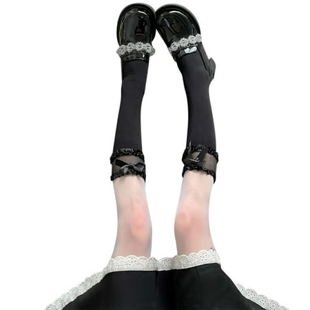

✪ Sweet Japanese Lolita Summer Silky Long Socks Ruffled Lace Bow Knot Harajuku Kawaii College Style Calf Length Stockings for Women Girls
