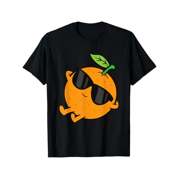 Men's 220g 100% Cotton T-Shirt - Black Casual Short Sleeve Tee with Cute Orange Fruit & Fashion Glasses Graphic, Regular Fit Round Neck for Casual Attire, Machine Washable Top, Digital Print Shirt