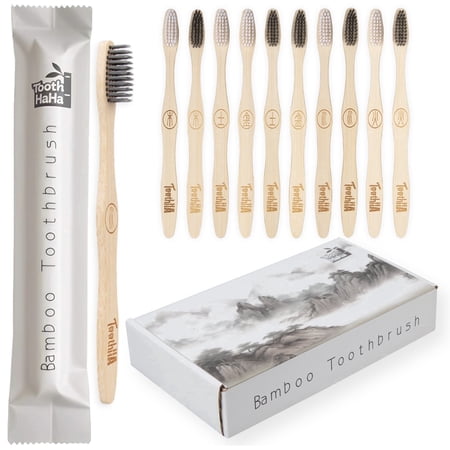 Tooth HaHa Bamboo Toothbrush Individually Sealed 10 Count, BPA-Free Soft Bristles Toothbrushes for Adults, Eco-Friendly, Natural Charcoal Wooden Toothbrush