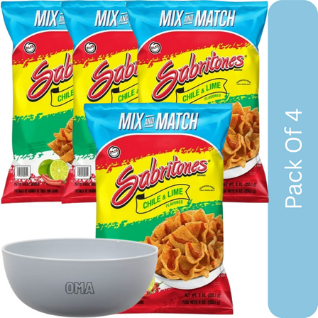 Sabritones Chile & Lime Flavored Puffed Wheat Snacks, 9 oz -4pk, With Olive White Bowl By OMA